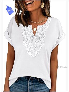 Short Sleeve V-Neck Lace Blouse Tunic Loose Fit Boho Casual Dressy